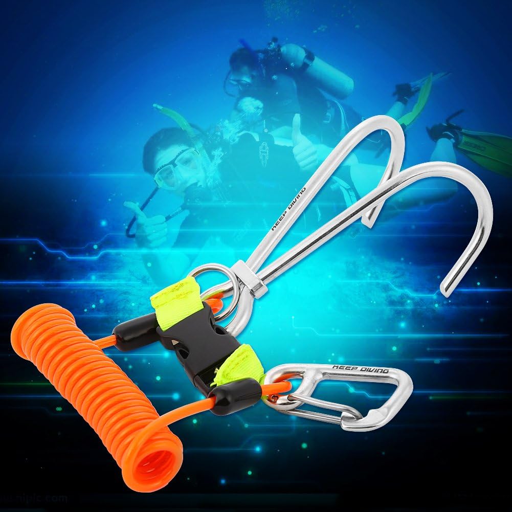 Reef Hook, Stainless Steel Double Hook with Spiral Coil Lanyard Diving Accessory for Divers Snorkelers Underwater Photographers Coral Exploration
