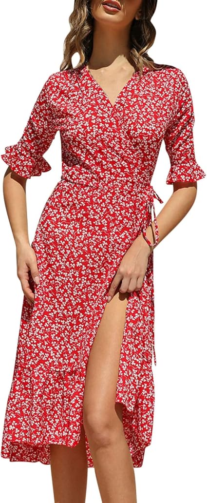 Amazon レディースカジュアルファッションドレスフローラルプリントボヘミアンvネックエレガントセクシードレスaライン半袖カジュアルドレス 水着 レディース ワンピース アリーナ Red M ノーブランド品 Avアンプ Avレシーバー