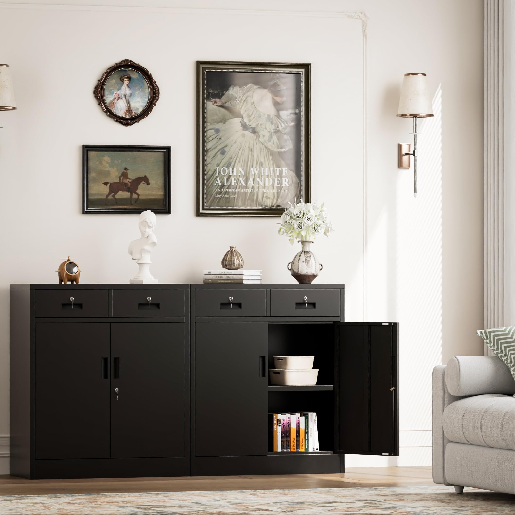 Armoire de Rangement en Métal Noir 90x80x40cm, Verrouillable à 2 Portes avec 2 tiroirs & 1 étagère réglable en Hauteur, Placard Polyvalent en Acier pour Garage, Bureau, Maison et Salon