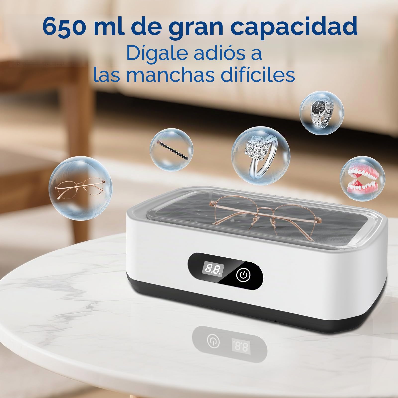 Dispositivo de Limpieza ultrasónica, 49000 Hz, Limpiador ultrasónico, Dispositivo de Limpieza de Gafas de 650 ml con 5 Funciones de Tiempo, Limpiador ultrasónico Profesional para Limpiar Gafas