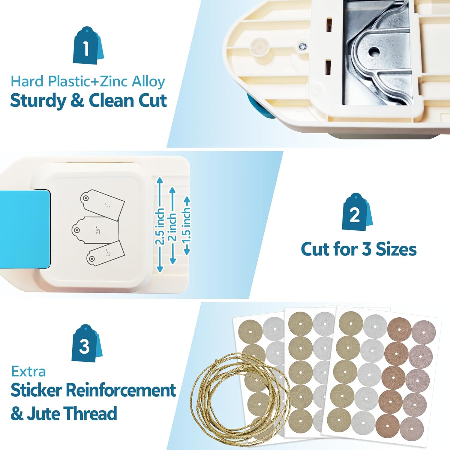 3 in 1 Tag Punch for Cardstock, 1.5/2/2.5 Inch Craft Paper Punch with 60 Sticker Reinforcement Jute String for Making Hang Tag,Price Tag