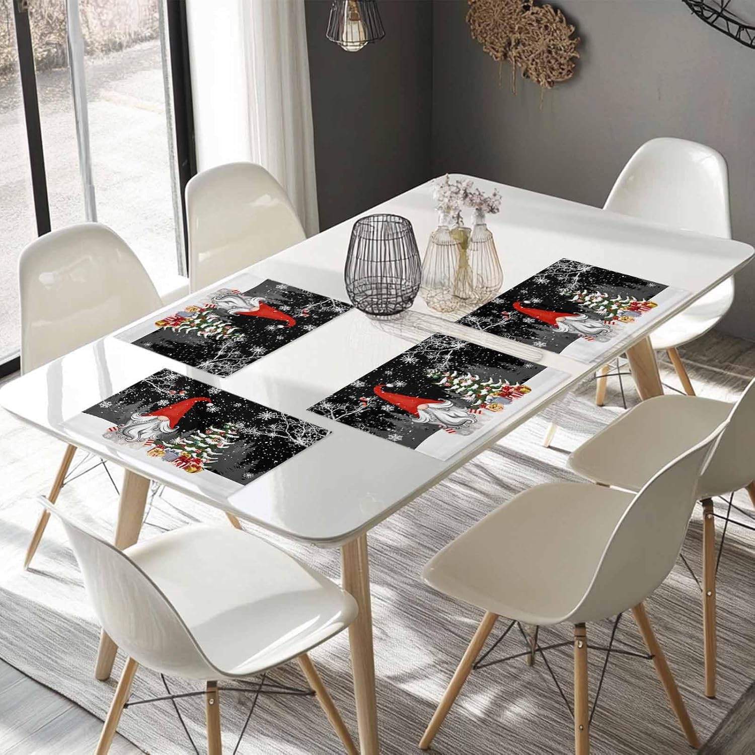 Black Winter Christmas Placemats Set of 6, Washable Cotton Linen Table Mats for Kitchen Dining Table, Heat Insulation Place Mats for Indoor Outdoor Parties, Holiday Decorations