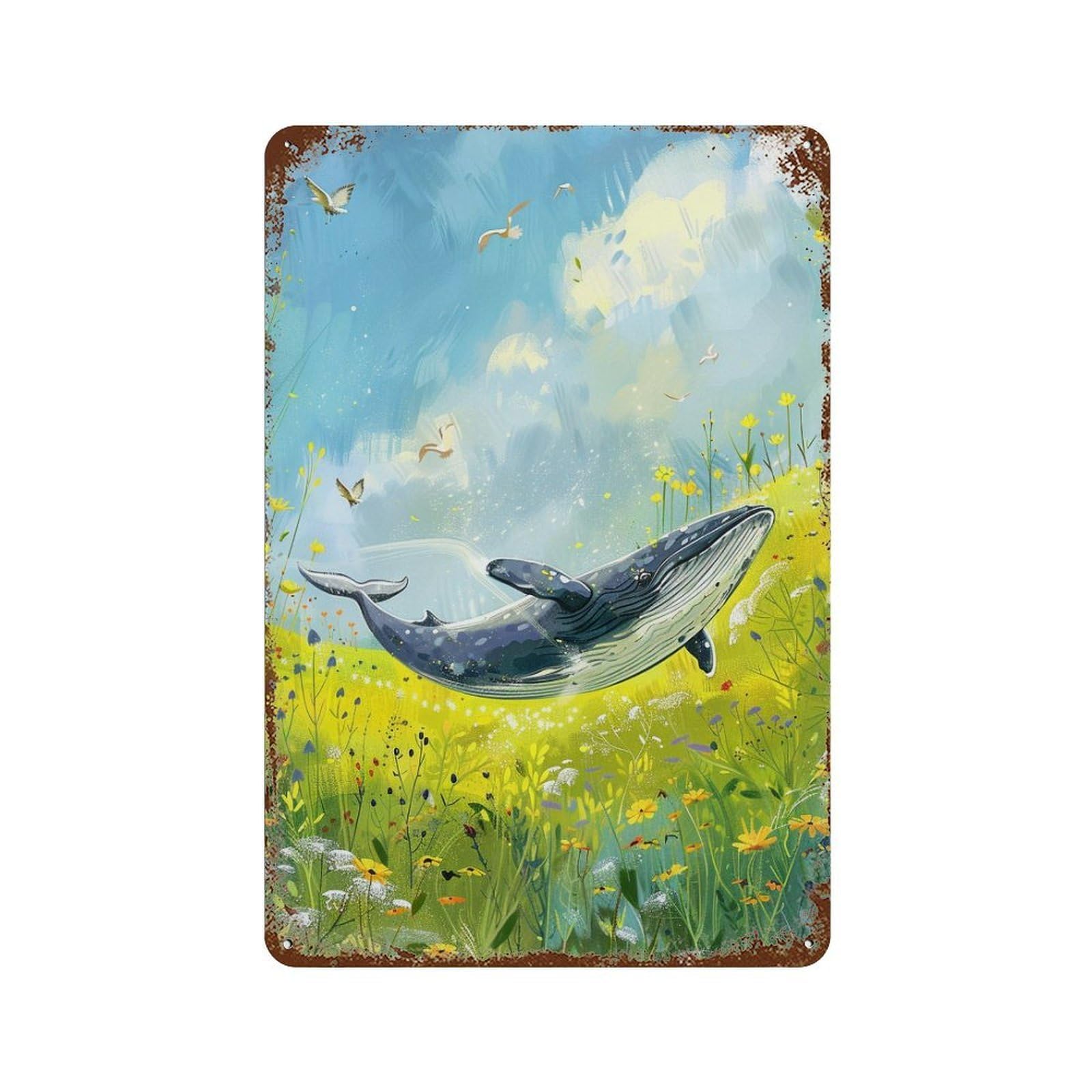 Whale in Flower Field-1 11.8"x7.9" Weathered Tin Sign, Shabby Chic Decor for Farmhouse, Kitchen And Entryway Decor