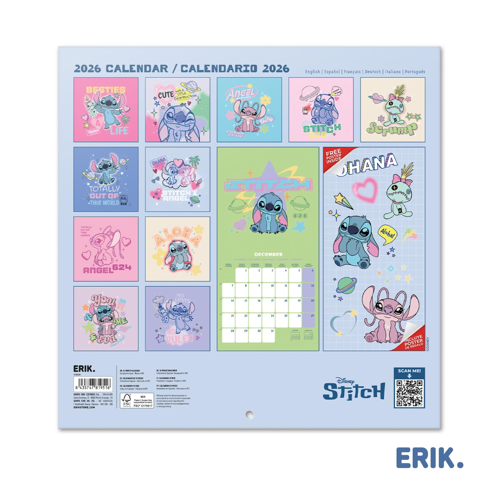 Grupo Erik Wall Calendar 2026 - Disney Stitch Calendar 2026 | Square 30 x 30 cm - 12 x 12 inches Wall Planner, Family Planner Month To View | Stitch Gifts, Disney Gifts For Friends