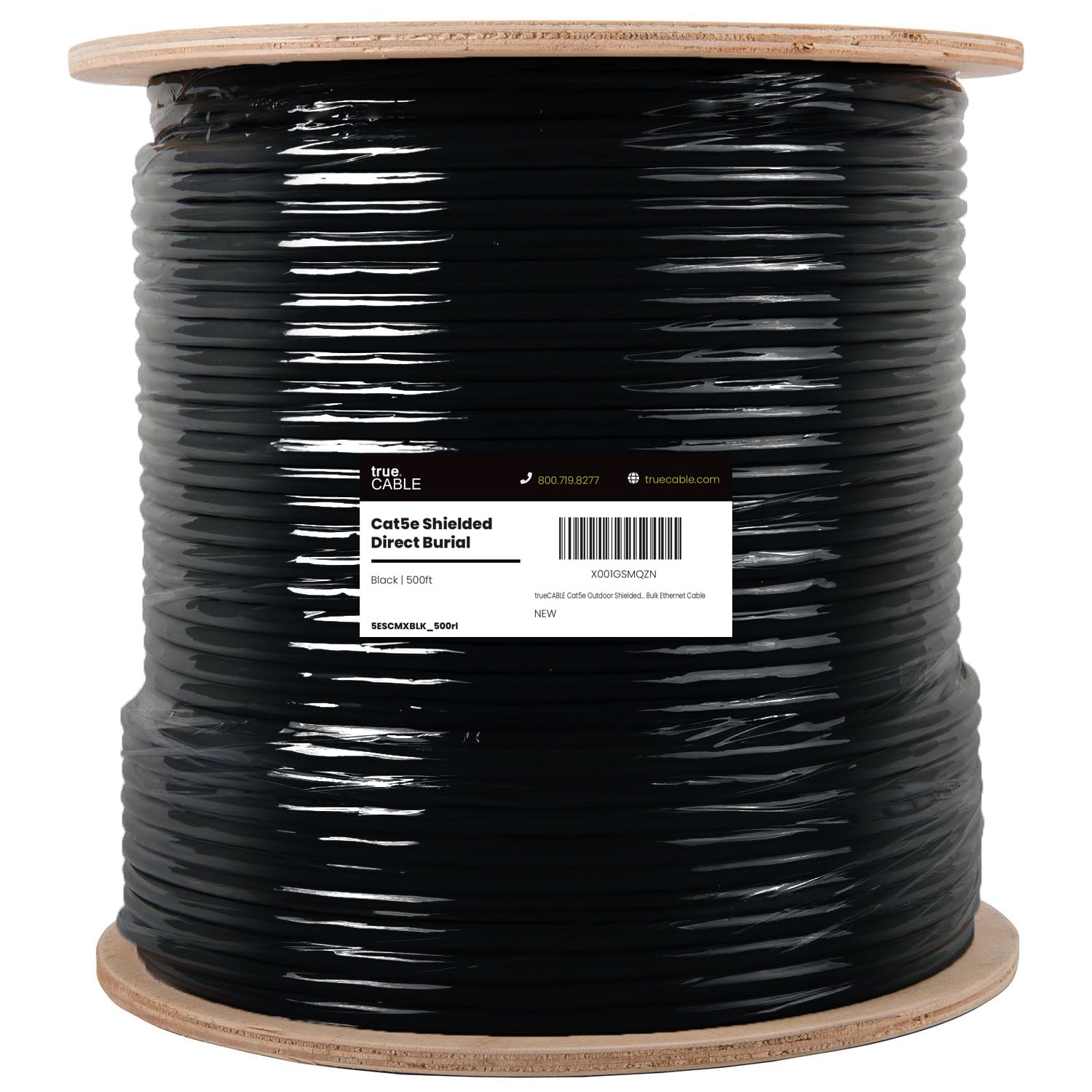 TRUE CABLE Cat5e Direct Burial Bulk Ethernet Cable, Shielded F/UTP, 500ft, Black, Waterproof, Outdoor OSP Jacket, 24AWG Solid Bare Copper, 350MHz, PoE++ 100W