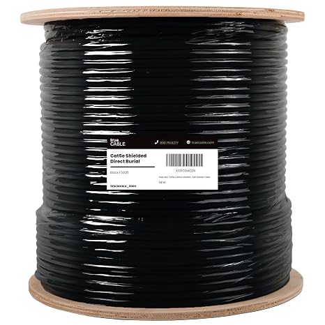 TRUE CABLE Cat5e Direct Burial Bulk Ethernet Cable, Shielded F/UTP, 500ft, Black, Waterproof, Outdoor OSP Jacket, 24AWG Solid Bare Copper, 350MHz, PoE++ 100W