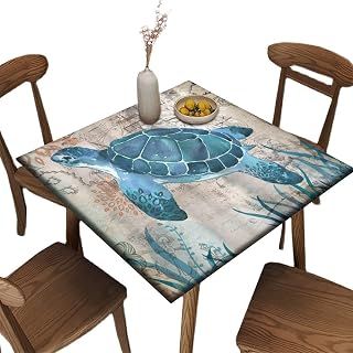SCGOLD Ocean Elastic Edged Square Tablecloth, Blue Turtle Waterproof Wipe Clean Table Cloth, for Indoor Restaurant or Outdoor Patio Party Dining, Fit for 36'' x 36''Square Table
