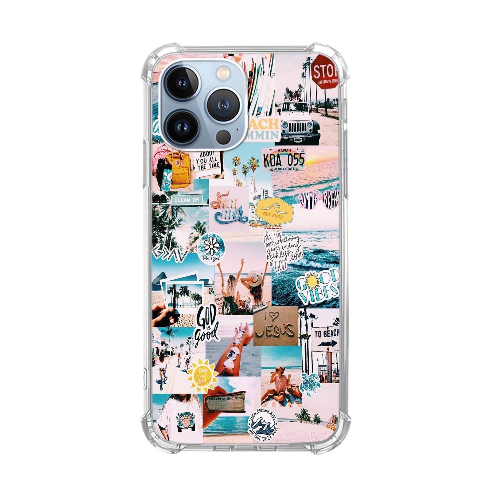 Wizeyake Summer Beach God Collage Phone Case Compatible with iPhone 14 Pro, Beach Shell Sunset Surfing Teen Girl Boy Silicone Shockproof TPU Bumper