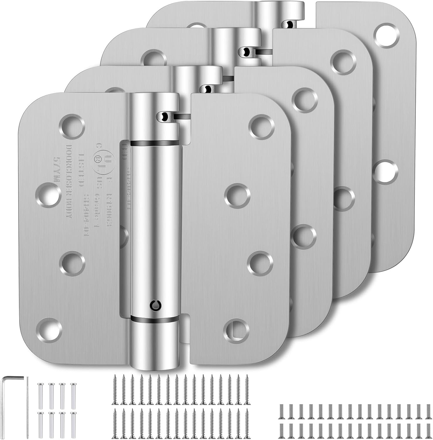 Self Closing Door Hinges 4 Inch, Spring Loaded Adjustable Tension Hinges for Garage/Front/Back Doors - UL Listed Brushed Nickel Hinges, Left/Right Hand Door Hardware with 5/8" Radius Corners (4 Pack)