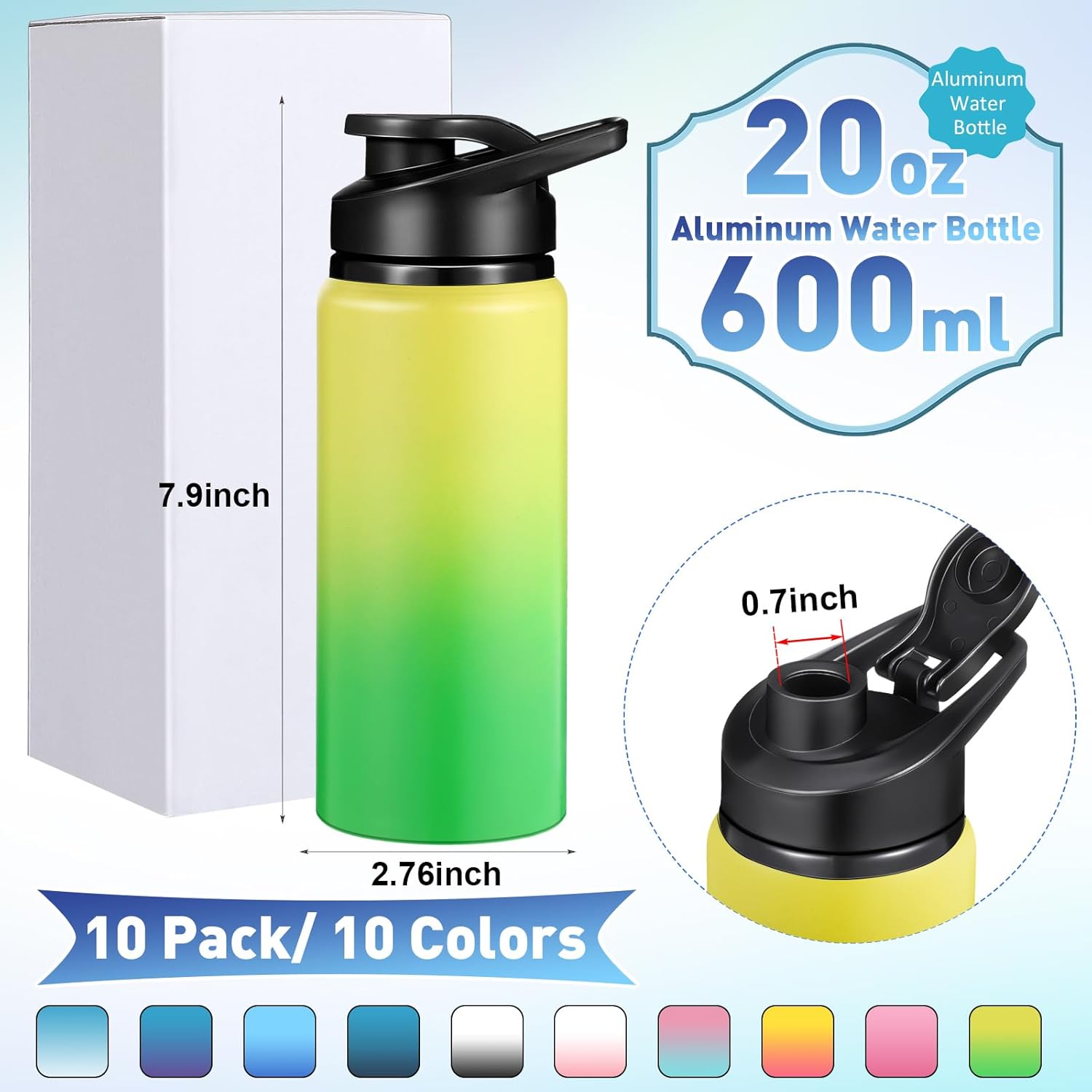 Mimorou 10 Pieces 20 oz Reusable Aluminum Water Bottles Bulk Outdoor Sports Water Bottles Multipack Travel Bottles for Gym, Hiking, Cycling, Camping, Fishing, Snap Lid(Gradient Color) - Image 2