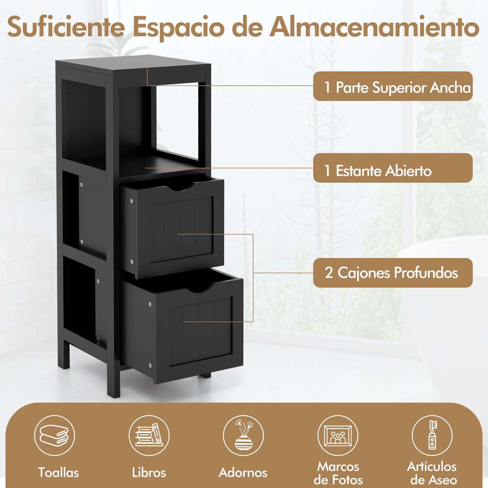 COSTWAY Muebles Baño, Cajonera Baño con 1 Estante y 2 Cajones Extraíbles, Armario Baño Estrecho Lateral, 30 x 30x 90cm, Sala Cocina Comedor (Negro)