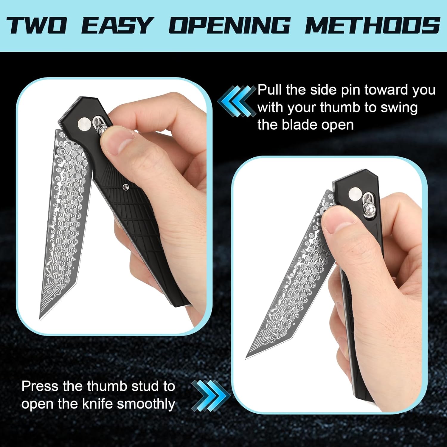 AUBEY Damascus Axis Lock Pocket Knife, 3.46" Tanto Blade Crossbar Lock Folding Knives with Clip for Men Women, Aluminum Handle with Glass Breaker for EDC Camping Gift