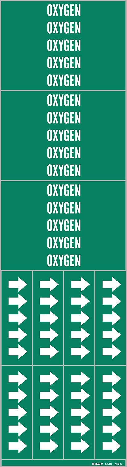 Brady 7210-3C-PK, Oxygen Pipe Marker with Arrows White on Green 3 per Card, 5 PK, Legend 'Oxygen'