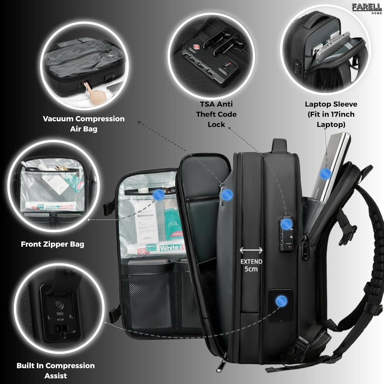 Vacuum Seal Travel Backpack, 60L Expandable Integrated Air Compression Button Water Resistant TSA Lock, Airback Cabin Suitcase, Vacpack Backpack Black. - Image 5