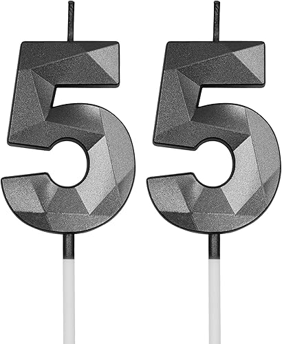 Velas de cumpleaños número 55 para tartas, color negro número 55 3D, velas en forma de diamante, decoraciones de cumpleaños, suministros de fiesta