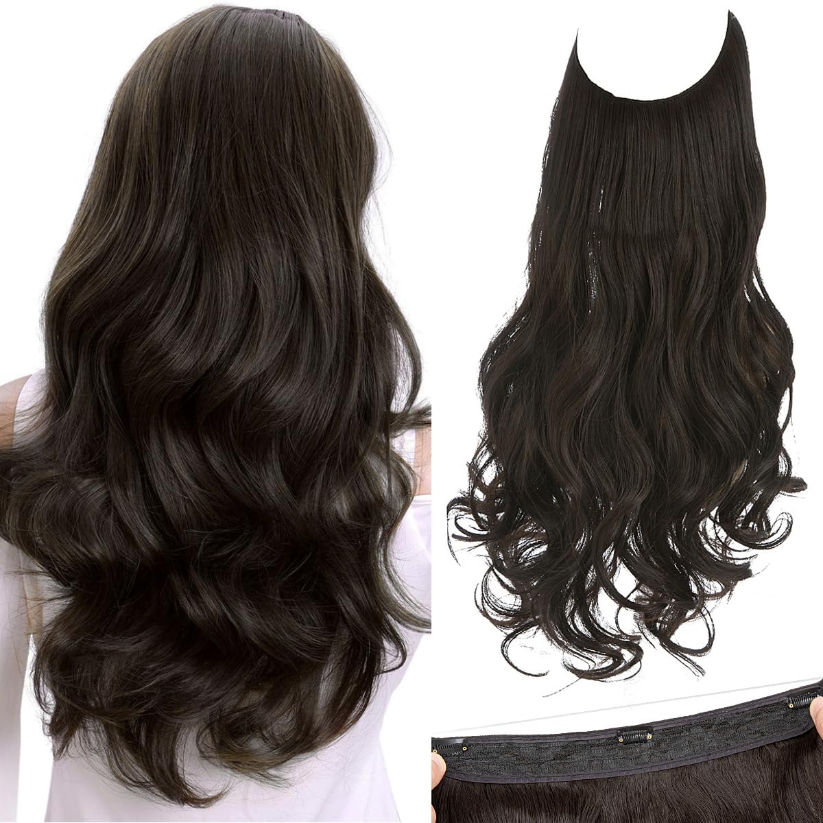 SARLA Invisible Wire Hair Extensions with 3 Clips Short 14 Inch Synthetic Wavy Curly Hairpiece for Women Adjustable Transparent Headband Black Brown