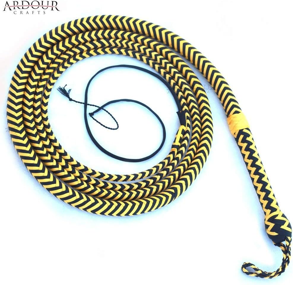 Ardour Crafts04 to 16 Feet Long Nylon para-Cord Bullwhip 16 Plaits Paracord Custom Bull Whip with Leather Belly & Bolster Construction Yellow & Black (08 Feet)
