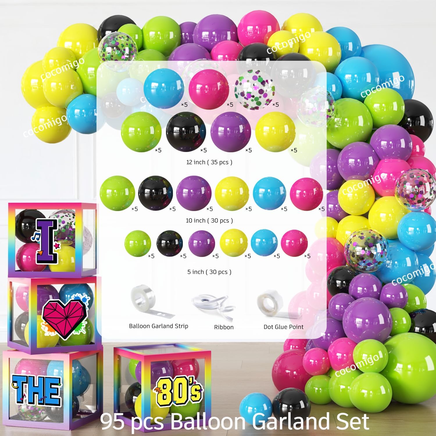 277pcs 80s Party Decorations Serves 25, All-in-one Set with Back To The 80's Backdrop Tableware Balloon Arch Tablecloth Balloon Box Cupcake Topper Table Decor, Etc. for 80s Party Decorations - Image 8