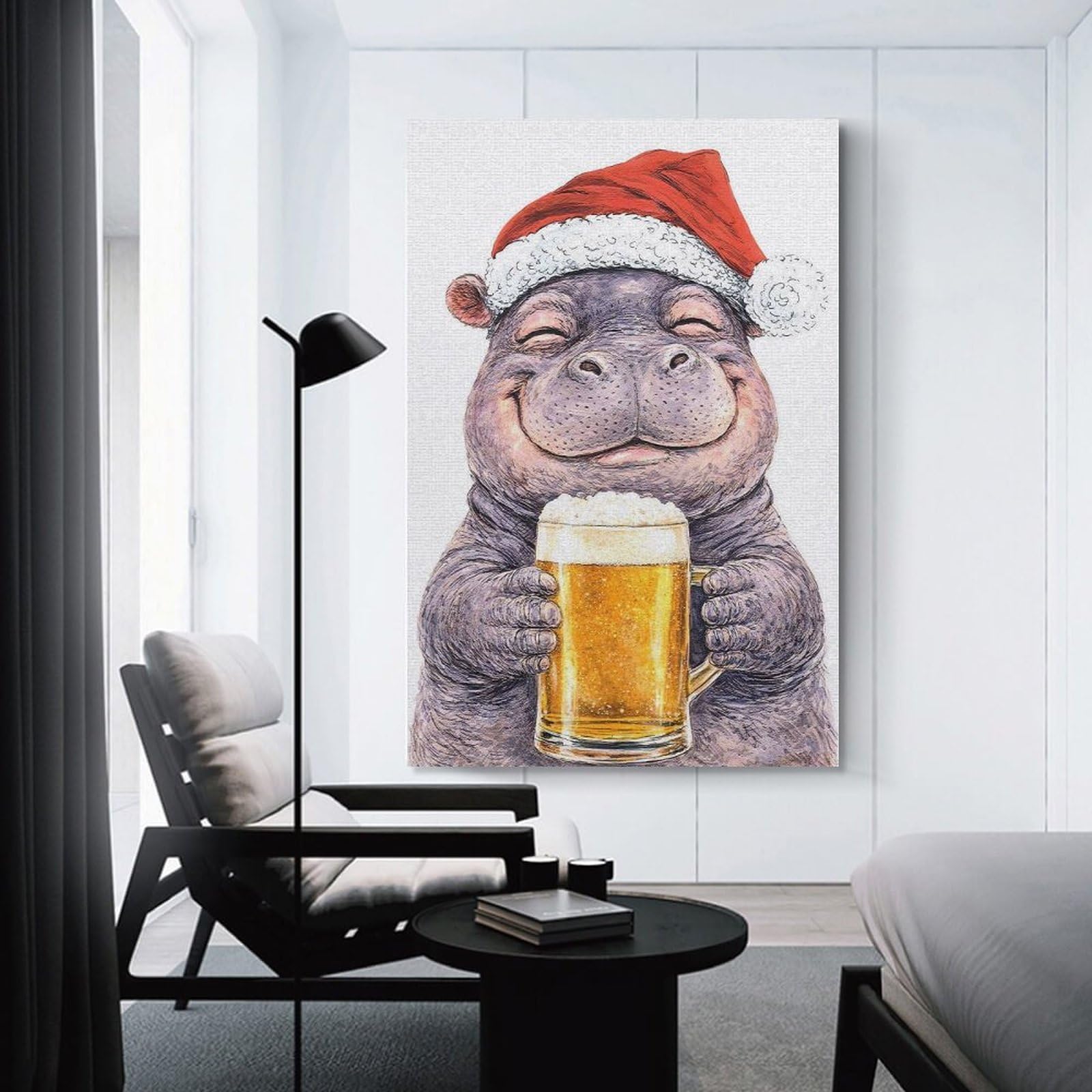 Junmoney Happy Hippo with Christmas Beer Canvas Art Print 08x12inch(20x30cm), for Calm Bedrooms, Home Corners Or Flats, An Easy Wall Refresh for Bedrooms