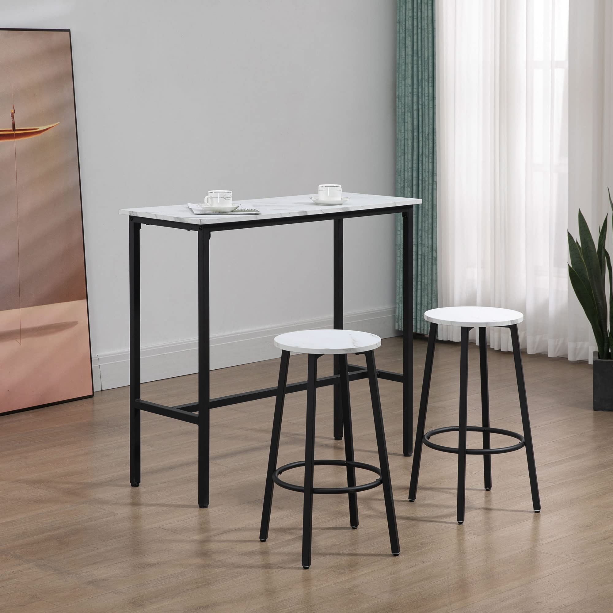 HOMCOM Set Tavolo e Sedie 3 Pezzi in Truciolato, MDF e Acciaio con Tavolo Rettangolare e 2 Sgabelli da Bar per Soggiorno e Sala da Pranzo, Bianco e Nero