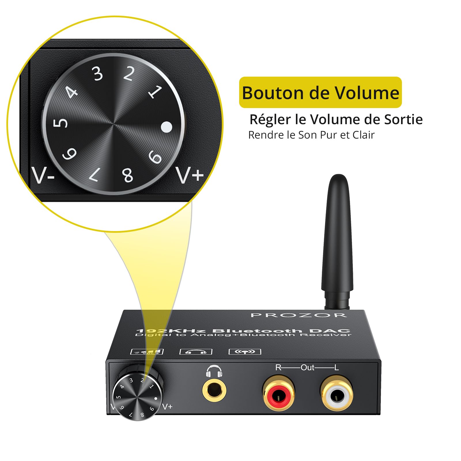 PROZOR Convertisseur DAC 192 kHz Bluetooth 5.0 Récepteur avec Volume Réglable Adaptateur Optique Jack 3,5mm Audio Stéréo L/R Digital Toslink vers Stéréo L/R RCA avec Optique Câble