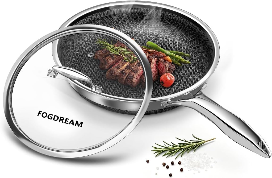 FogDream 12 Inch Nonstick Frying Pan with Lid, Honeycomb Hybrid Stainless Steel Skillet, Tri-Ply Induction Compatible, Non Toxic Frying Pan, Oven Safe, Dishwasher Safe, Silver