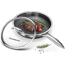 FogDream 8 Inch Nonstick Frying Pan with Lid, Honeycomb Hybrid Stainless Steel Skillet, Tri-Ply Induction Compatible, Non Toxic Frying Pan, Oven Safe, Dishwasher Safe, Silver