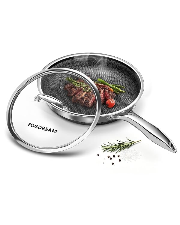 FogDream 10 Inch Nonstick Frying Pan with Lid, Honeycomb Hybrid Stainless Steel Skillet, Tri-Ply Induction Compatible, Non Toxic Frying Pan, Oven Safe, Dishwasher Safe, Silver by FogDream - Used condition - US$23.50