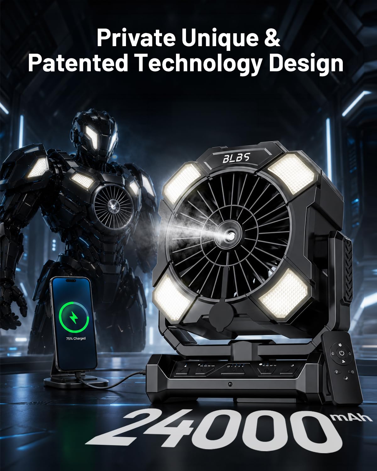 BLBS Ventilador de nebulización portátil de 24000 mAh con control remoto de 8 m, 4 velocidades de viento, capacidad de agua de 300 ml, 3 modos de iluminación, ideal para camping, uso al aire libre e