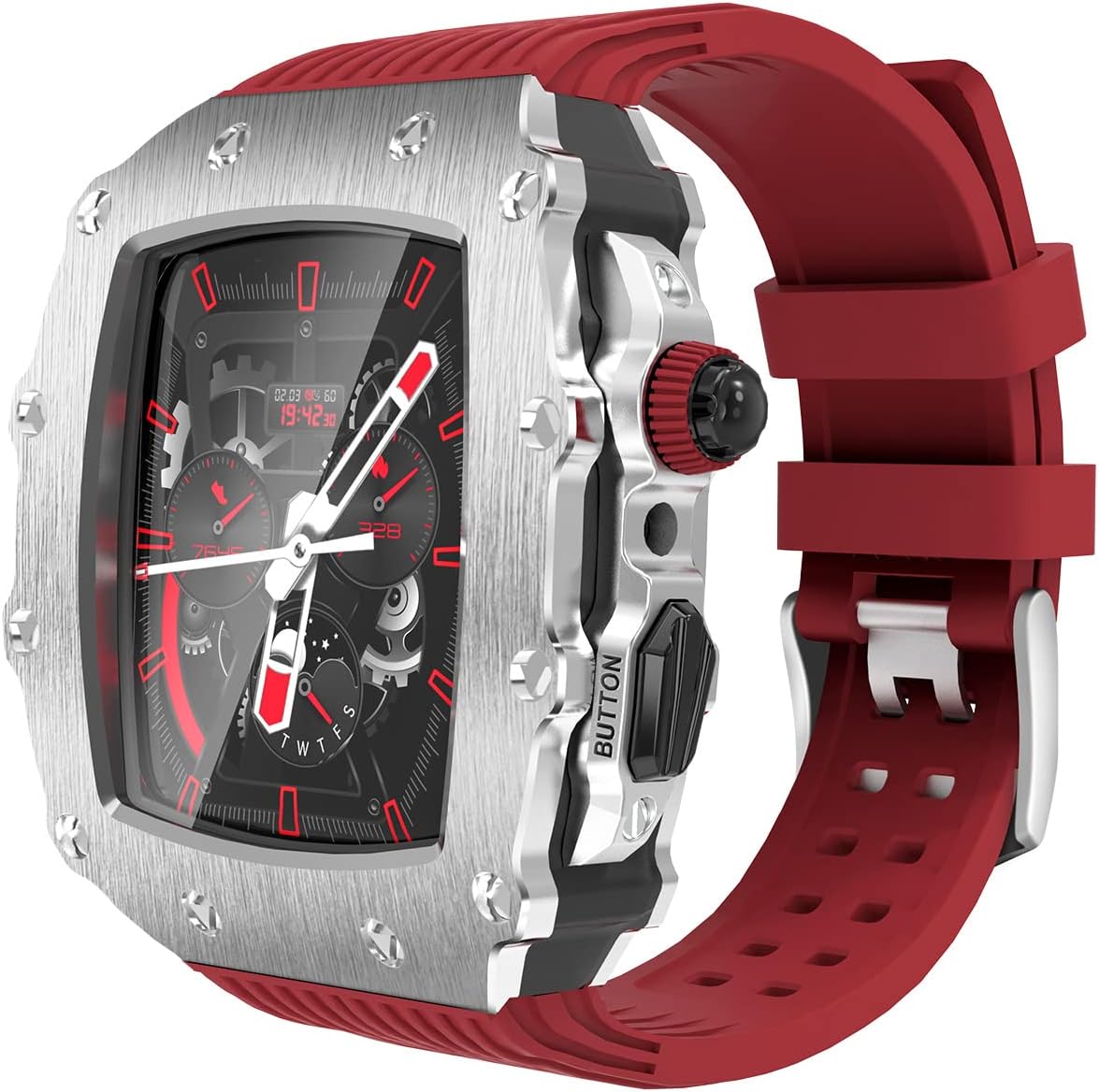 Luxury Case with Band for Apple Watch 9 8/7 45mm SE2/6/5/4/SE 44mm, Bumper Metal Protective Cover for iWatch 45mm 44mm Strap + Screen Protector + Rugged Scratch Resistant Case (45mm/44mm, Silver/Red)