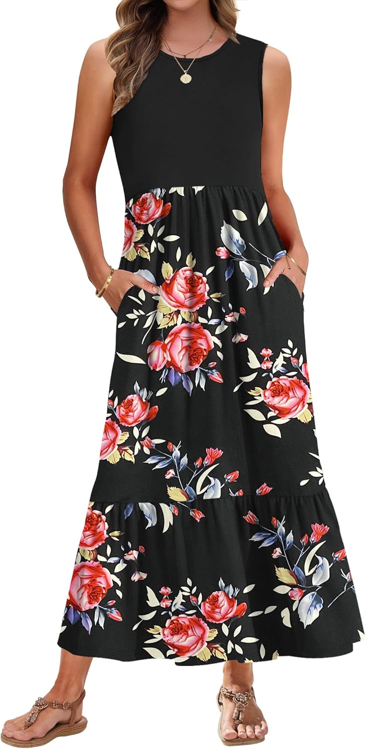 AUSELILY Womens Summer Dresses 2026 Sleeveless Maxi Dress Crewneck Casual Flowy Tiered Sundresses with Pockets