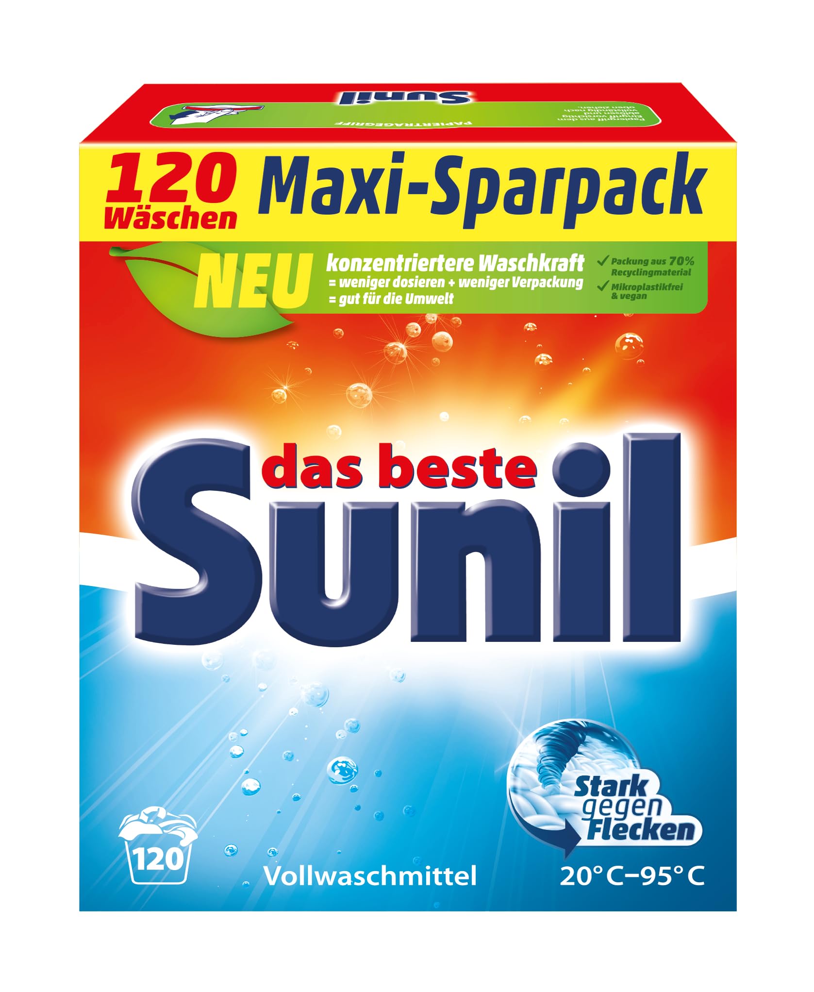Sunil aktiv Pulver - Vollwaschmittel - für 120 Wäschen - Flecklösekraft, hautverträglich, mikroplastikfrei, vegan - 6 kg