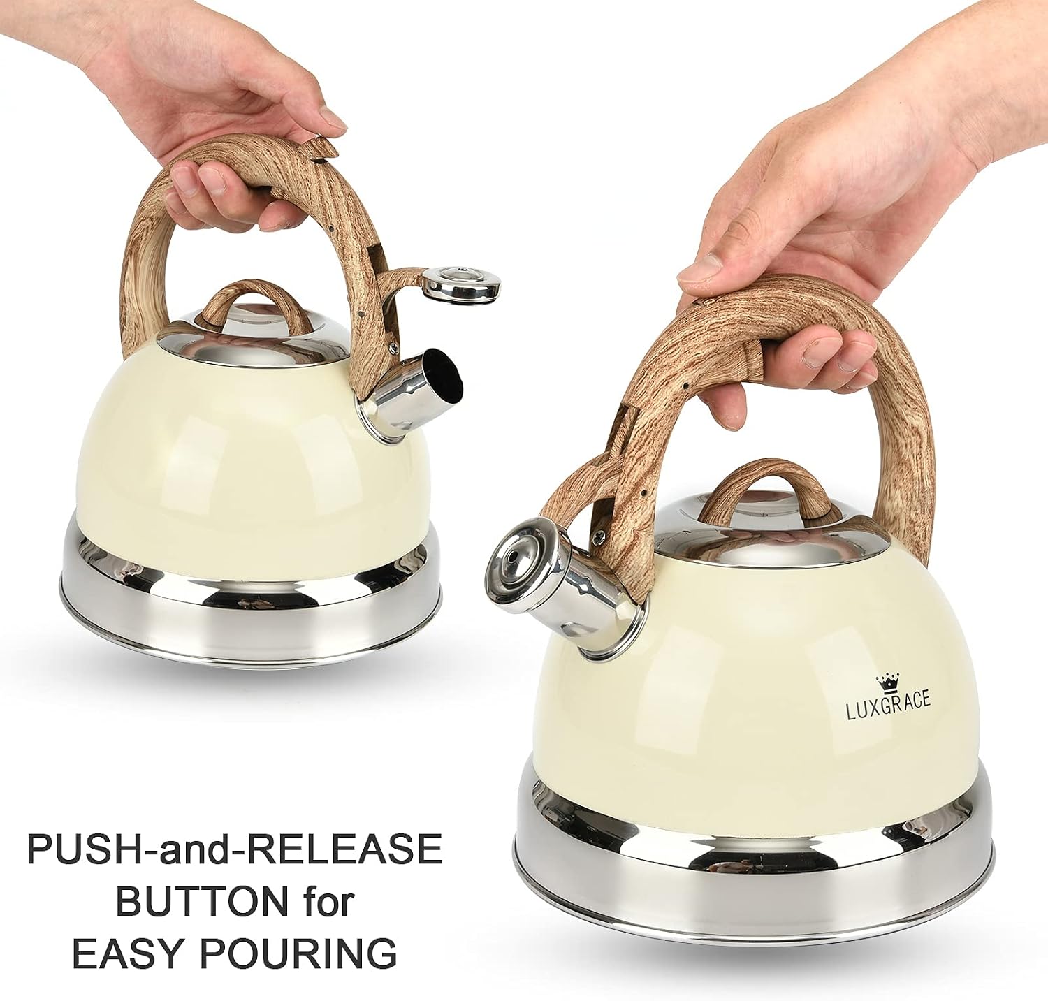 Creative Home 3.0 Qt. Stainless Steel Whistling Tea Kettle, Creamy White | Ergonomic Wood Rubber Touching Handle, Fast Boiling Heat Water, Induction Stove Top Compatible