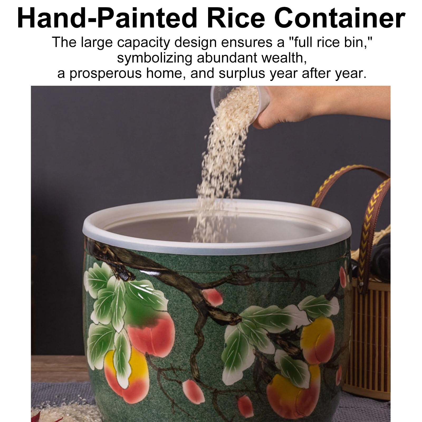 Contenitore per riso in ceramica con manico, dispenser decorativo per cereali da cucina per snack e cereali, stile cinese