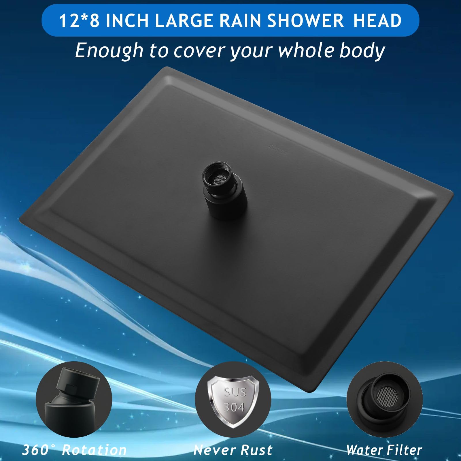 Voolan Cabezal de ducha de lluvia, cabezal de ducha grande de alto flujo hecho de acero inoxidable, cabezal de ducha cuadrado de baño en cascada, montaje en techo o pared (rectangular de 12 x 8