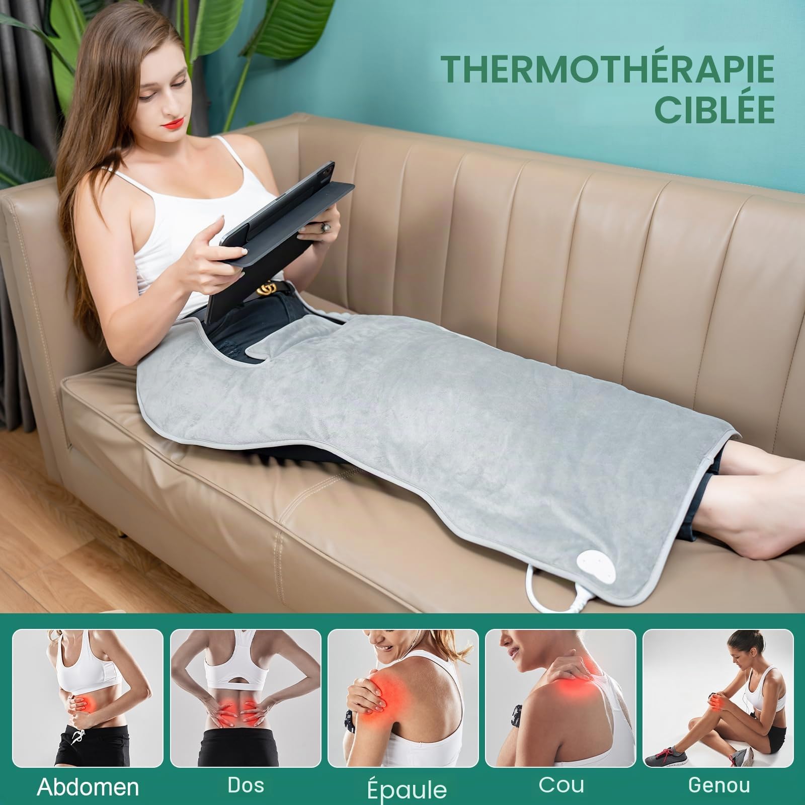 Coussin Chauffant pour dos, éPaules, Cou, Avec ArrêT Automatique, Lavable en Machine, 6 Niveaux de TempéRature Avec 4 Minuteries, Coussin Chauffant au dos (60 x 100 cm)