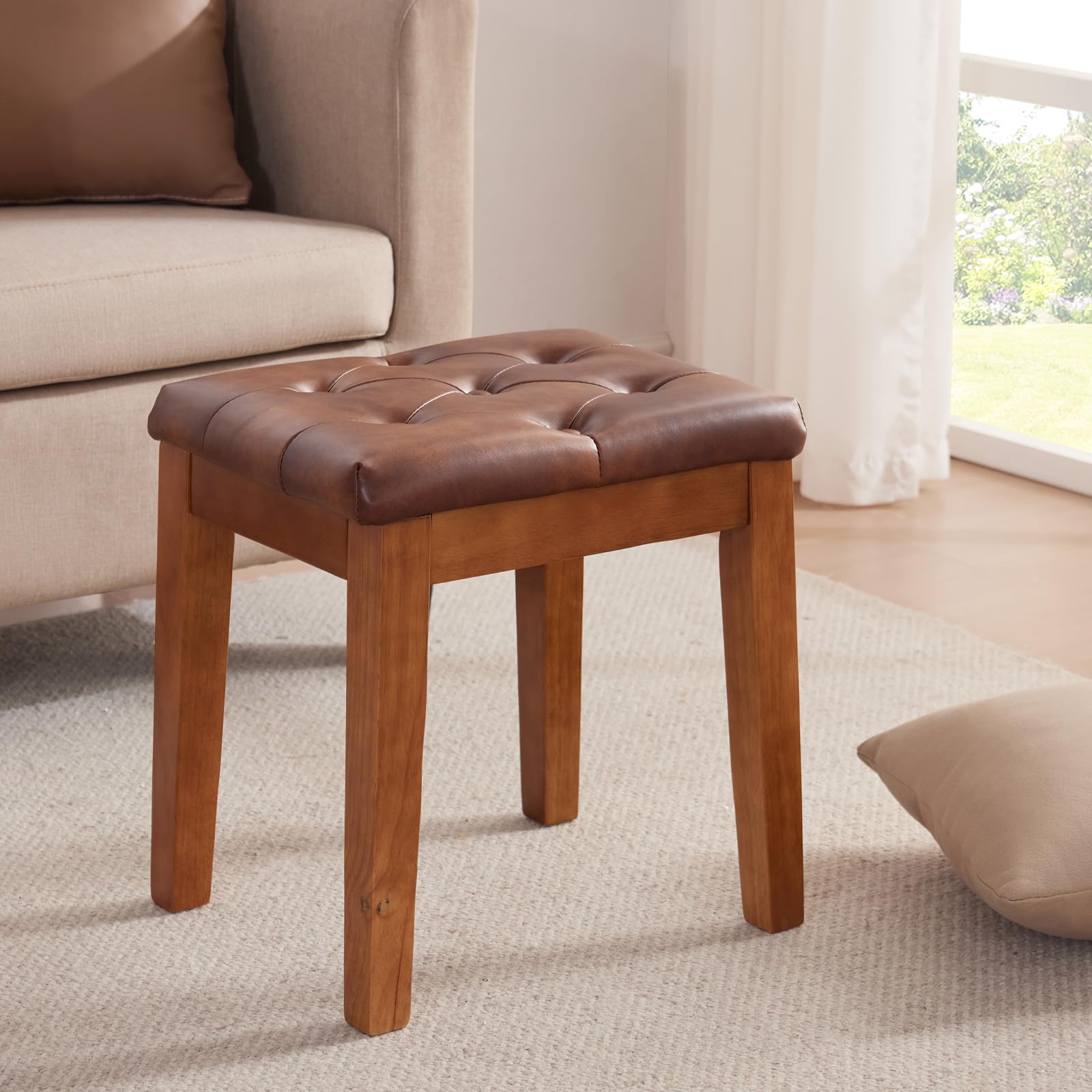 Polsterhocker Schminktisch Hocker Sitzhocker, Gepolstert und Getuftet, Massivholz, für Eingangsbereich, Flur, Wohnzimmer, Kunstleder, Retrobraun, 42 x 32 x 44 cm