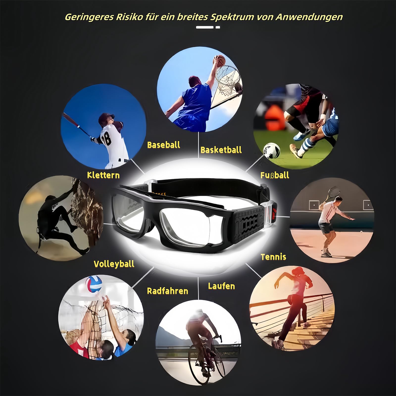 Sportowe okulary ochronne – z miękkimi silikonowymi podkładkami i wentylacją. Regulowany pasek na głowę zapewnia wyraźną widoczność bez zaparowania podczas koszykówki, piłki nożnej i wielu
