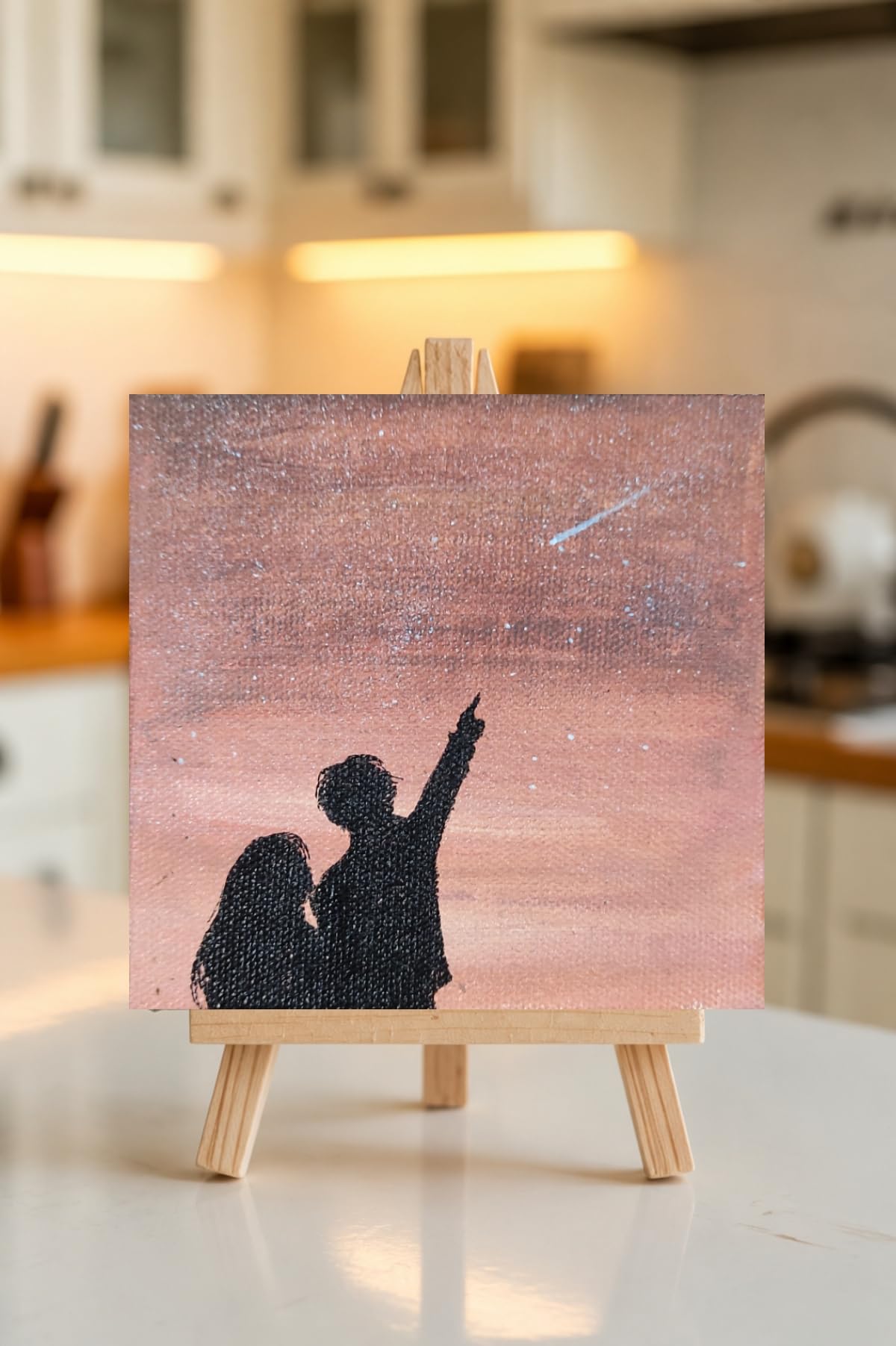 Mini Acrylic Painting with Wooden Easel Stand, 4x4 Inch | Couple and sky, Canvas Painting, Tabletop Display, shooting star, Hand Painted-image-47