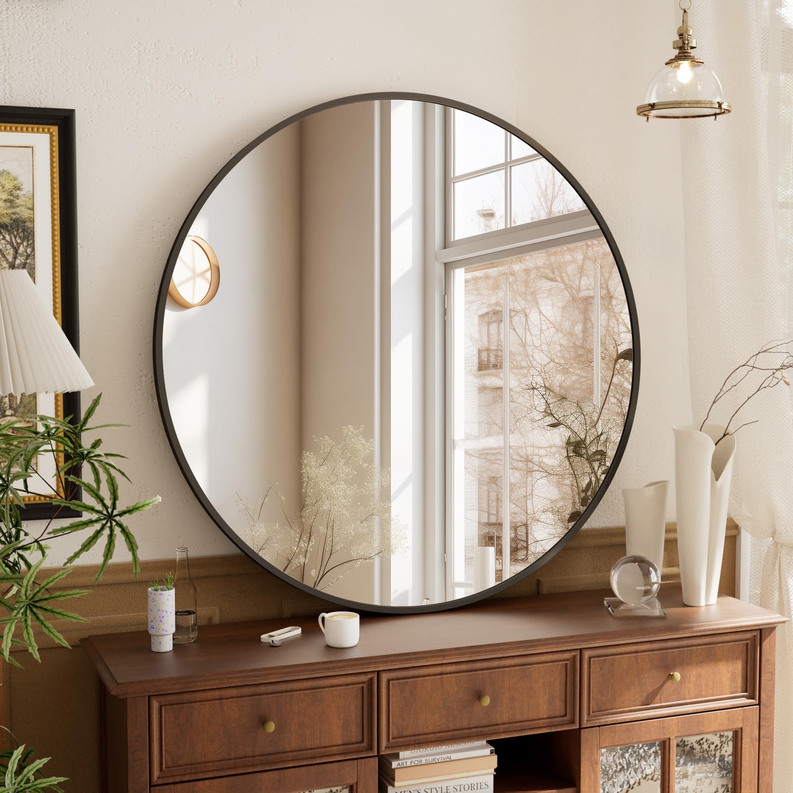 Spiegel Rund Schwarz 122cm, runder Wandspiegel mit Aluminiumrahmen, Einfache Montage, Modern Spiegel zum Aufhängen und Anlehnen für Badezimmer, Wohnzimmer, Schlafzimmer