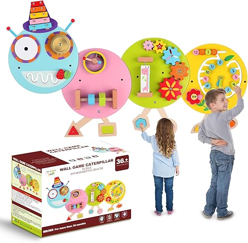 Paneles de pared de actividades Caterpillar para niños pequeños juguete sensorial de pared 12 actividades, juguete montado en la pared, decoración