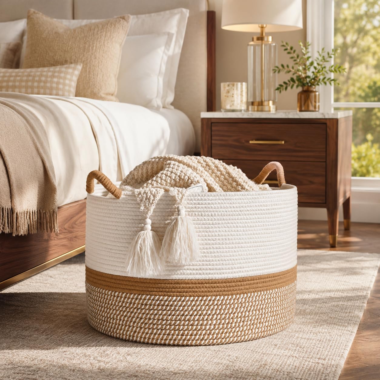 KAKAMAY Grande cesto per coperte (50,8 x 33 cm), cesto portabiancheria in corda di cotone, per soggiorno, lavanderia, asilo, cuscini, giocattoli per bambini (bianco/marrone)