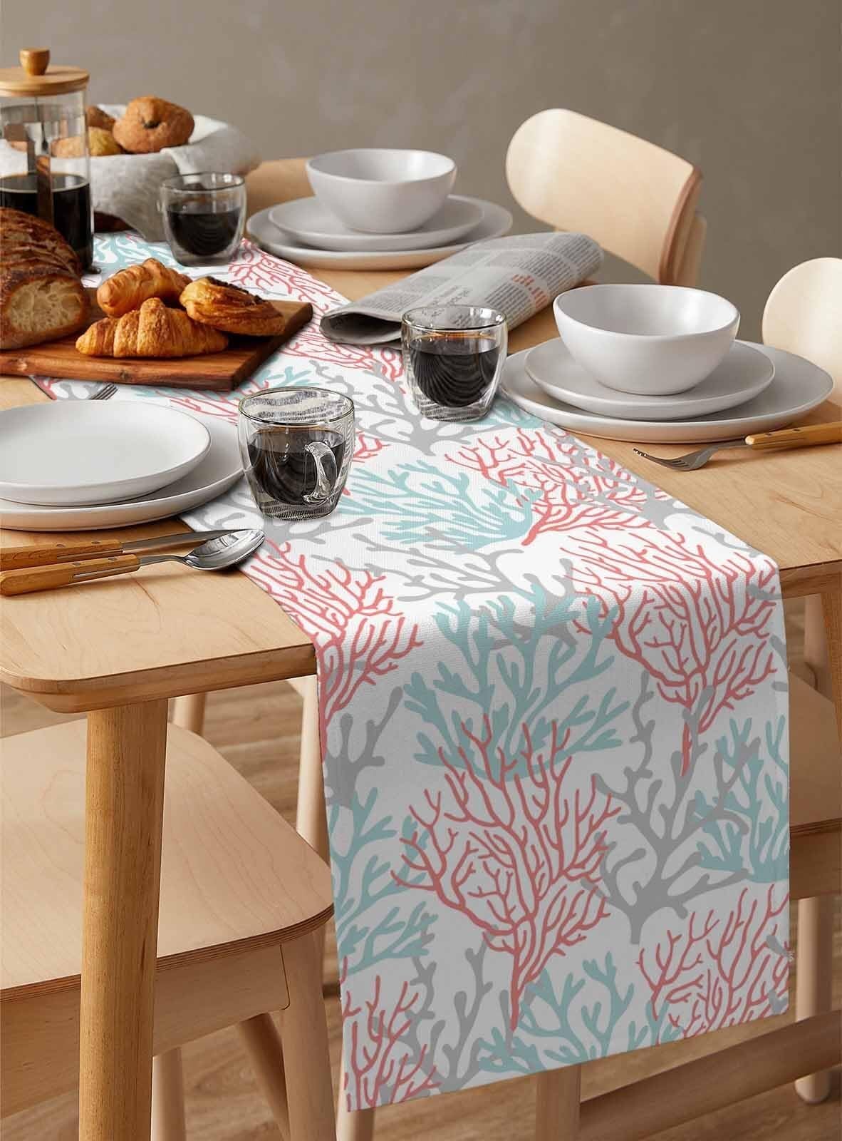 Chemin de Table en Coton et Lin Bleu Corail 13"x60" - Parfait for Une décoration sur Le thème de la Plage en été(Red Blue Coral,13x90 inch)