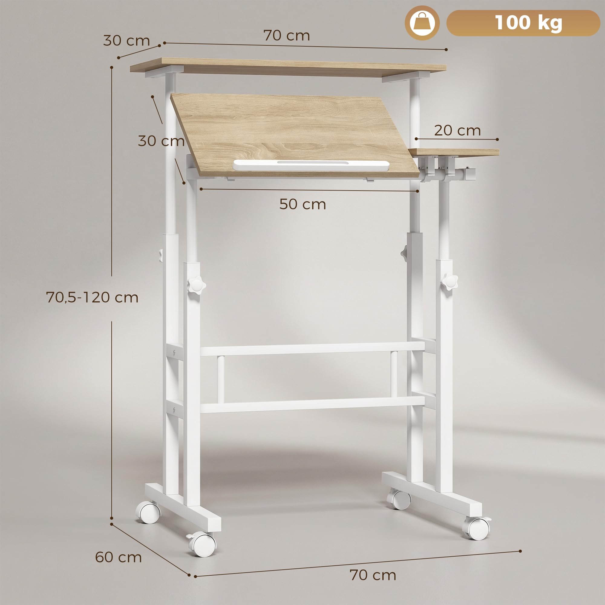 HOMCOM Scrivania sit-stand regolabile in altezza 70x60cm Bianco | Scrivania per computer su ruote, vassoio inclinabile, postazione di lavoro per camera da letto, piccoli spazi