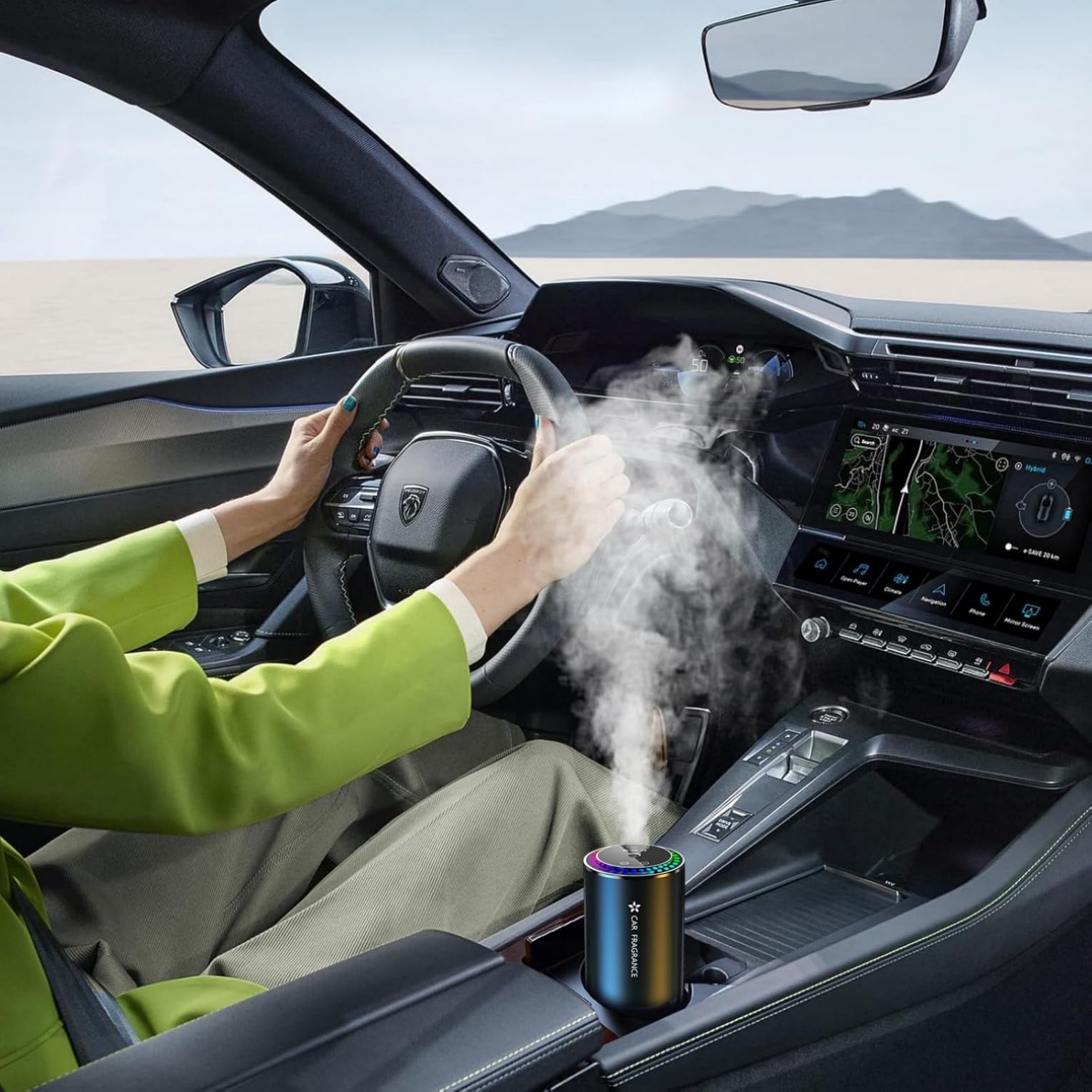 Diffuseur Voiture avec 50ml Parfum Sent Bon Diffuseur Électrique, On/Off Automatique, Capteur Musical, Atomiseur Ultrasonique, 3 Modes, Rechargeable, Arômes Durée 5 Mois BJ-579 (Brise De Mer)