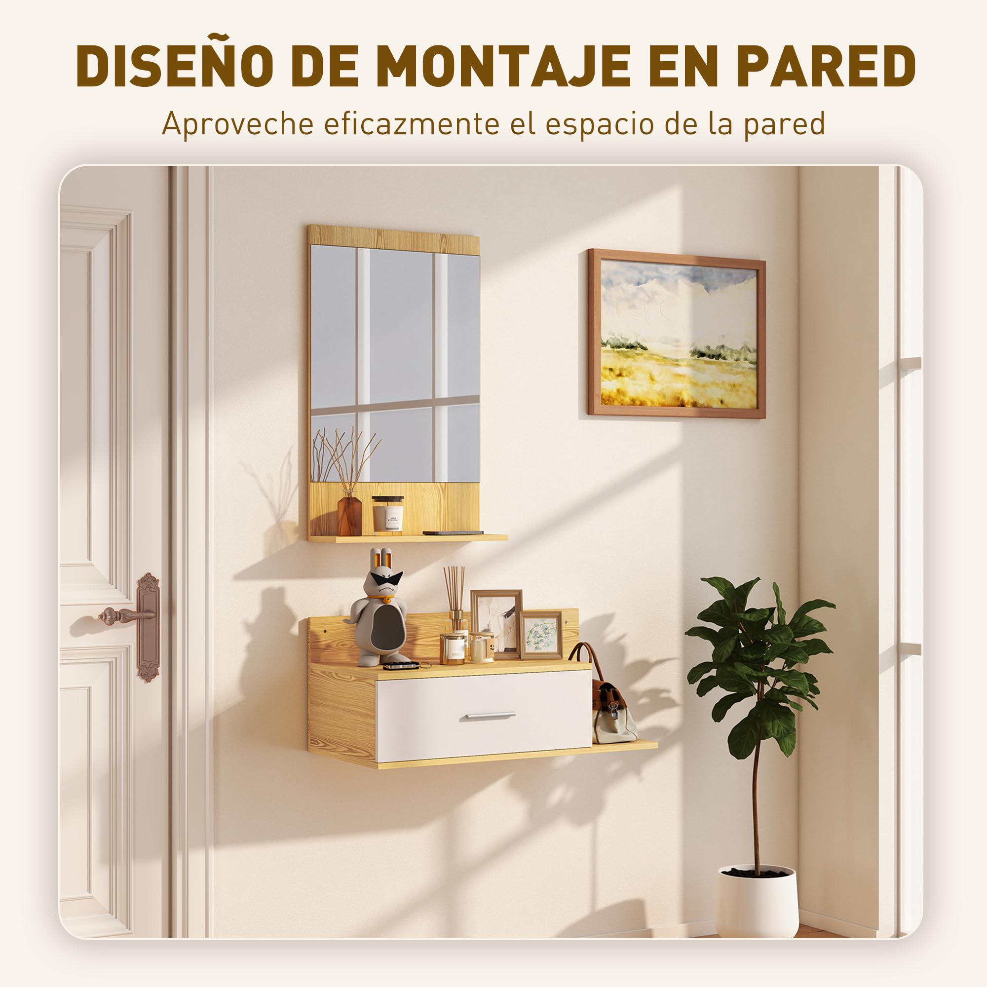 HOMCOM Conjunto de Recibidor de Entrada de Pared con Espejo, Cajón y 2 Estantes Abiertos, Muebles Recibidor para Pasillo, Madera Natural