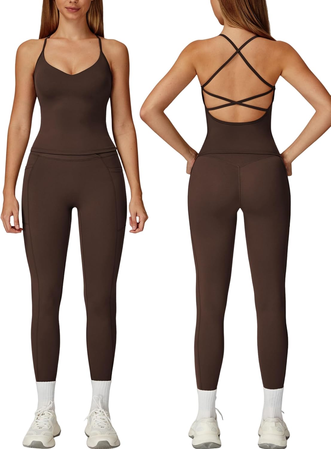 Women 2 Piece Workout Sets Padded Criss Cross Back Crop Tank Tops Tummy Control Leggings Yoga Outfits with Pocket
