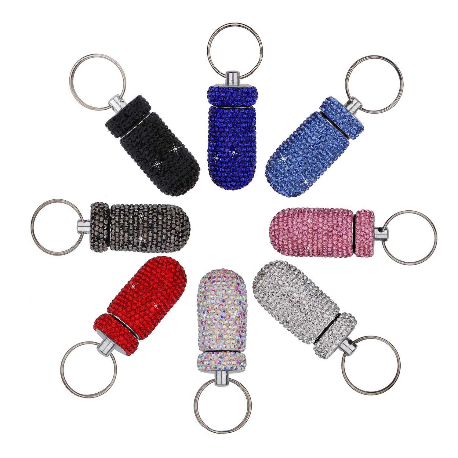 Metall Anhänger Pillendose, Pillenbehälter Schlüsselanhänger Wasserdicht, Diskret Outdoor Reise Pillenflasche,8 Stück Aluminium Tablettenbox Tabletten Organizer, leicht zu öffnen