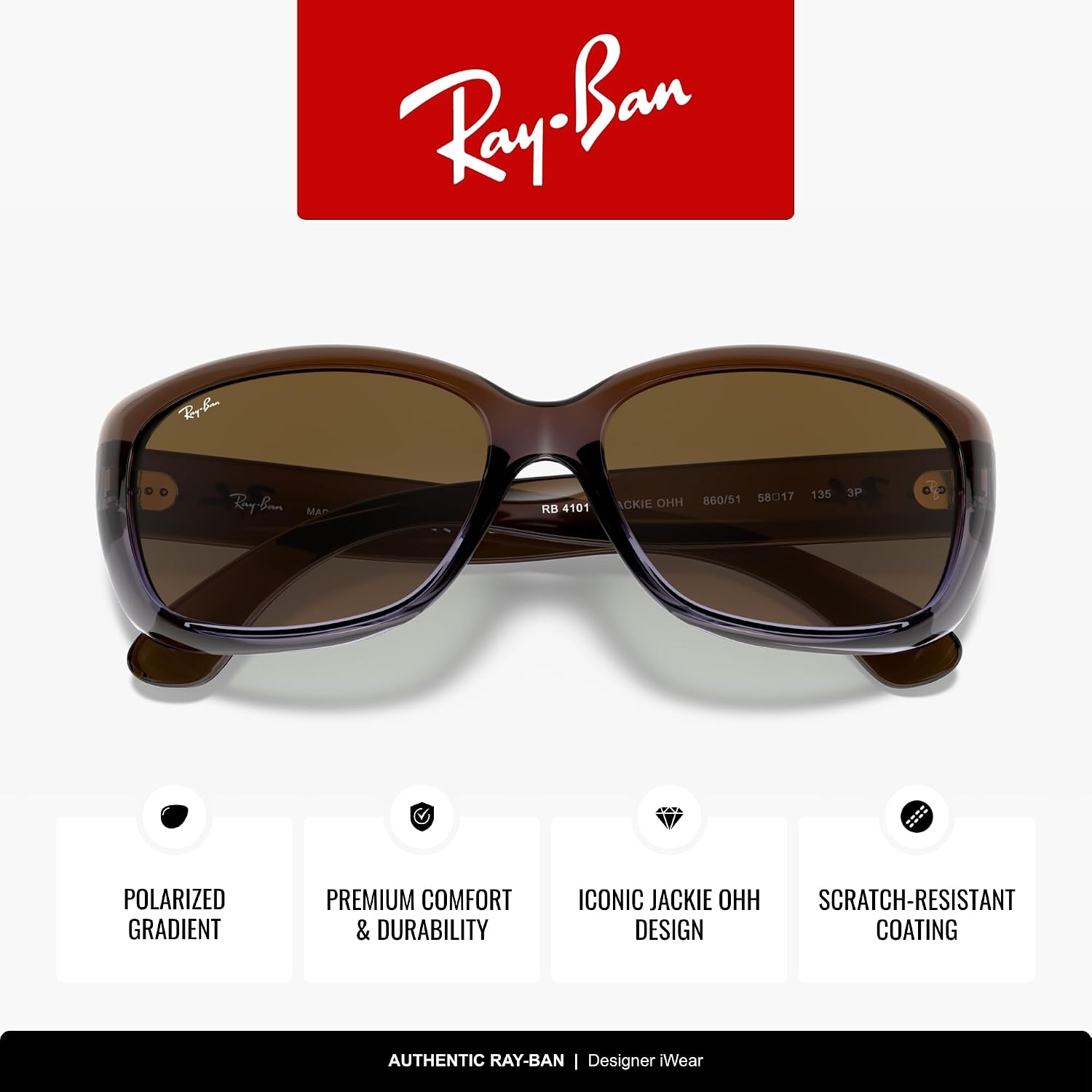 Ray-Ban Womens RB4101 Jackie Ohh Butterfly Sunglasses, Brown Gradient Lilac/Light Brown Gradient Brown, 58 mm image 3