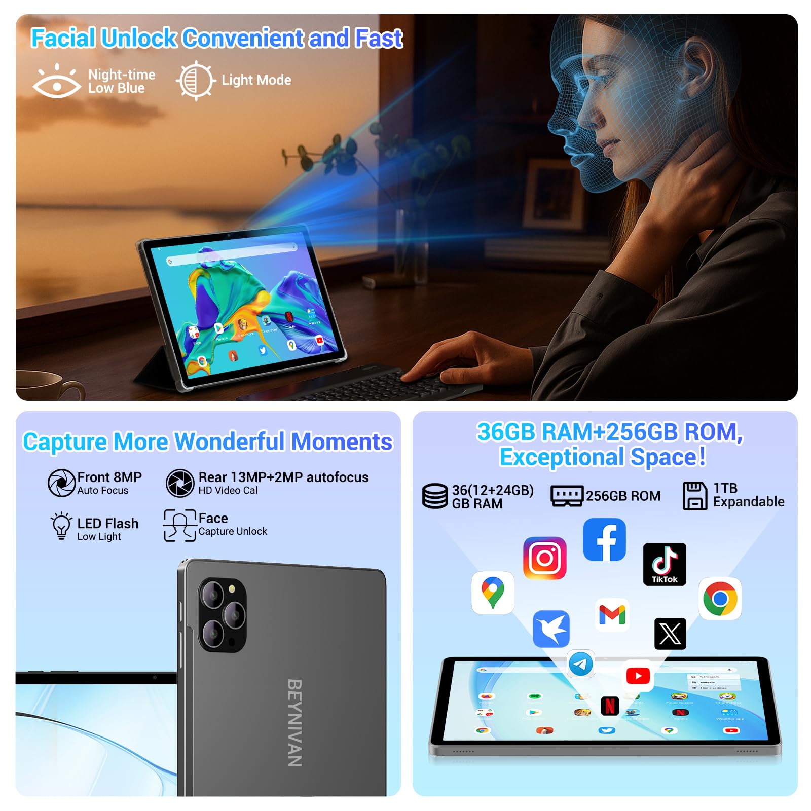 BEYNIVAN Tablet Android 15-11 Pollici Tablet in Offerta con Octa Core T615,36GB RAM + 256GB ROM (2TB TF), 5G WiFi,Gemini AI,Widevine L1,8000mAh,18W,Foto AI 16MP+8MP, TÜV, GPS,con Tastiera+Mouse,Grigio